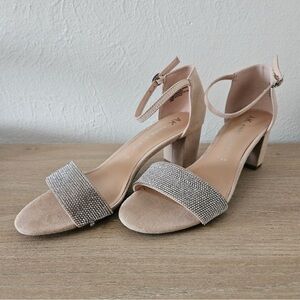 Anne Klein Rhinestone Faux Suede Block Heel Sandals
